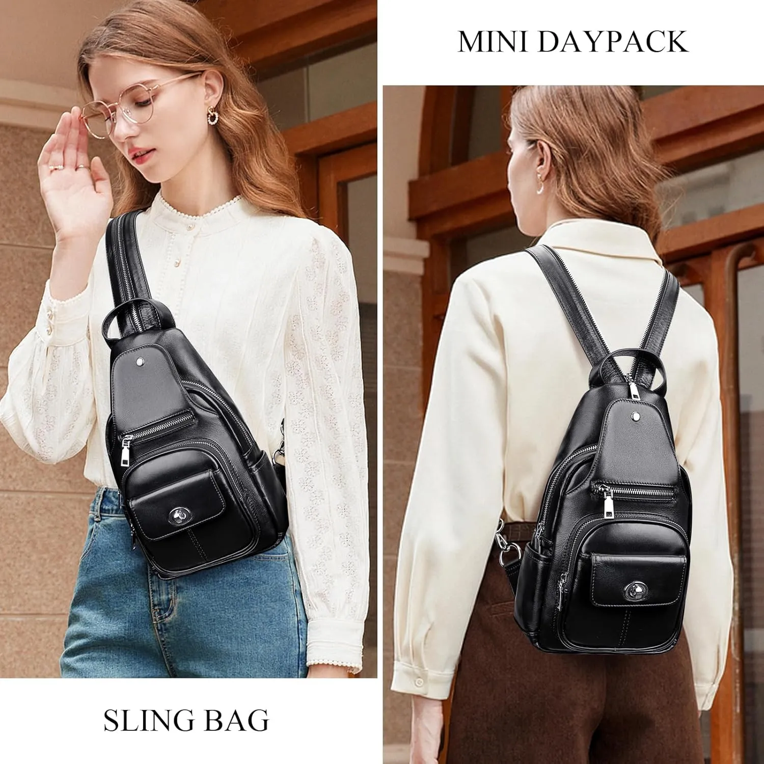 Over Earth Genuine Leather Sling Bag for Women Men Small Crossbody Purse Causal Hiking Chest Backpack