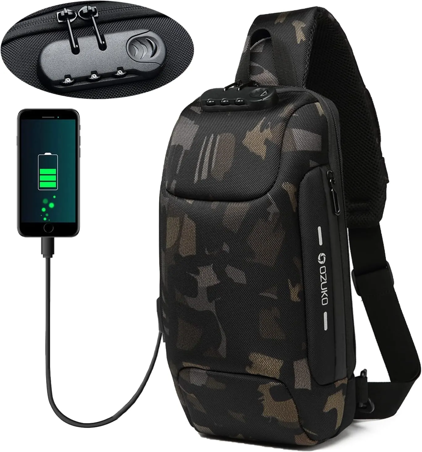 OZUKO Men Sling Backpack Nylon Water Resistant Shoulder Chest Crossbody Sling Bag with USB Charging Port Black (Camouflage)