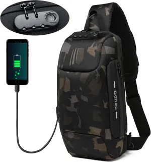 OZUKO Men Sling Backpack Nylon Water Resistant Shoulder Chest Crossbody Sling Bag with USB Charging Port Black (Camouflage)
