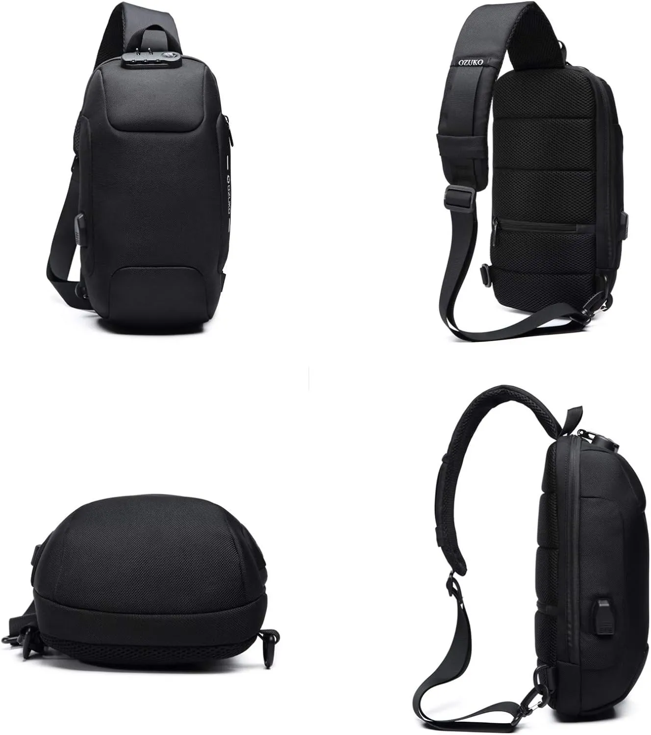 OZUKO Men Sling Backpack Nylon Water Resistant Shoulder Chest Crossbody Sling Bag with USB Charging Port Black (Camouflage)