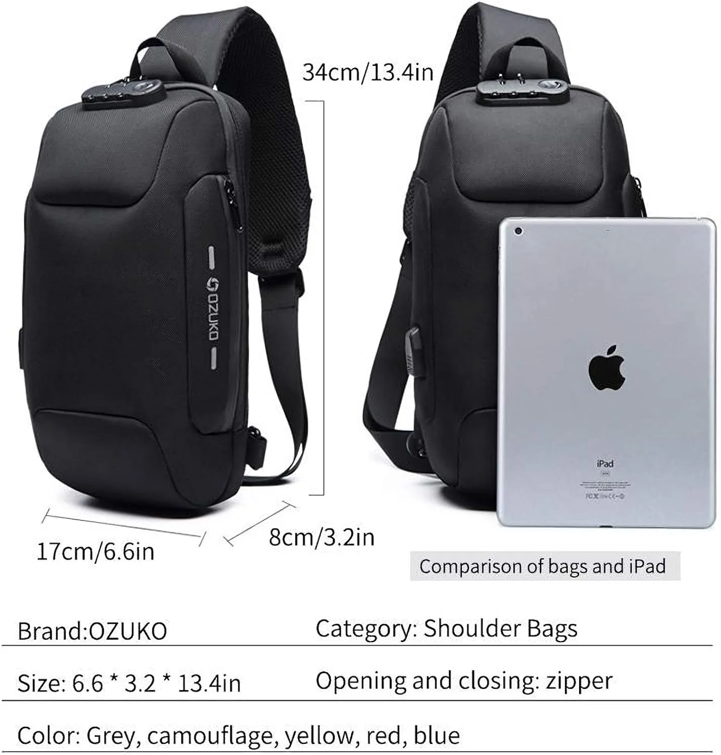 OZUKO Men Sling Backpack Nylon Water Resistant Shoulder Chest Crossbody Sling Bag with USB Charging Port Black (Camouflage)