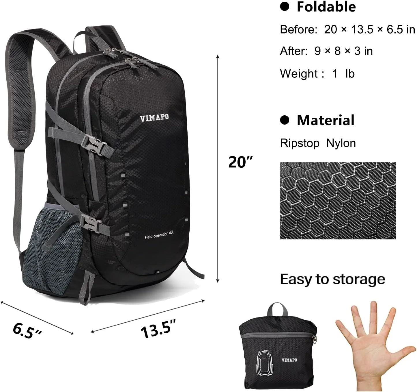 Packable Lightweight Backpack 40L, Ripstop Nylon Foldable Traveling Daypack, Collapsible Hiking Backpack For Outdoor(Black)