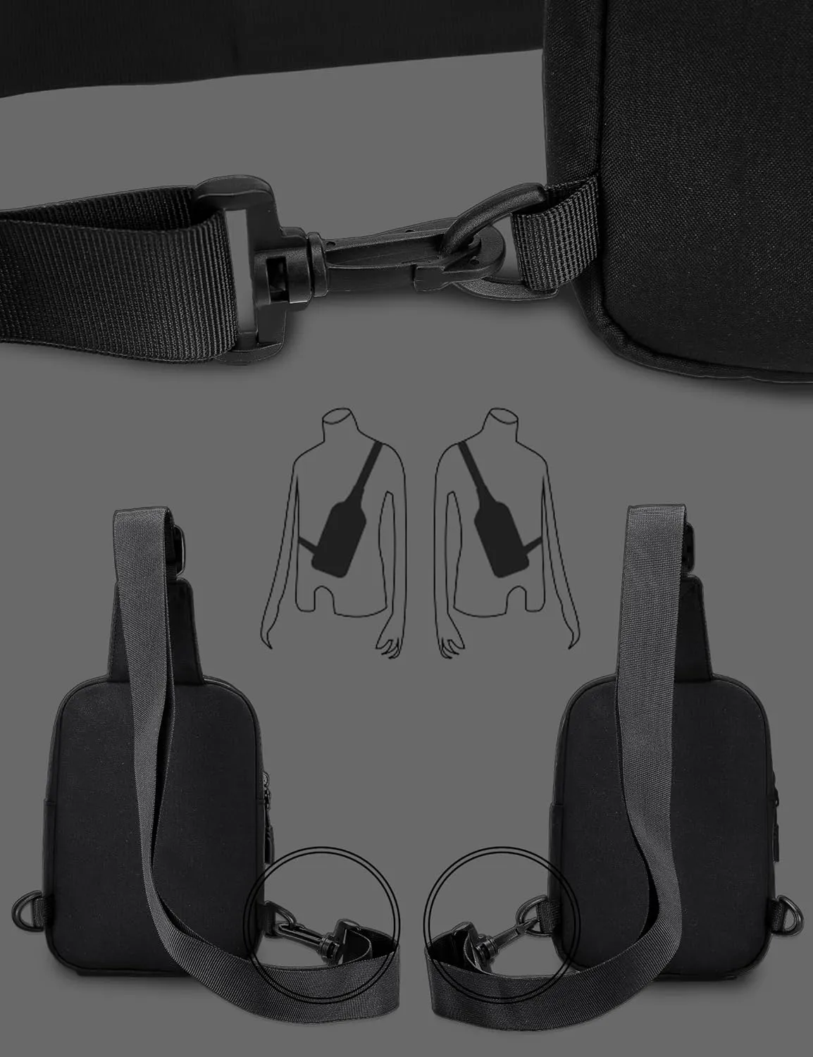Peicees Mens Mini Sling Bag Chest Bag Shoulder Bag Women Crossbody Bag Phone Holder with Reversible Strap and Dual Pocket