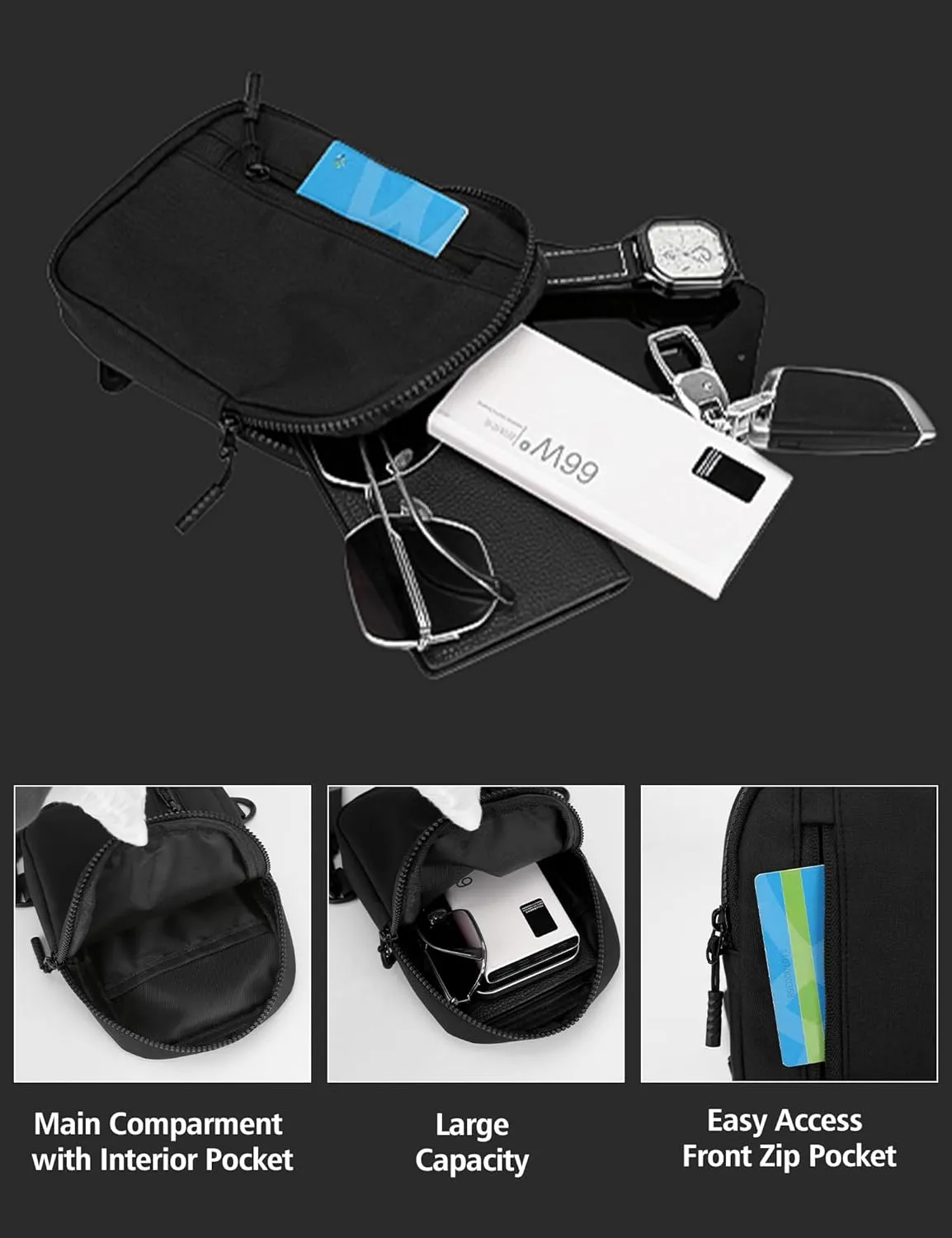 Peicees Mens Mini Sling Bag Chest Bag Shoulder Bag Women Crossbody Bag Phone Holder with Reversible Strap and Dual Pocket