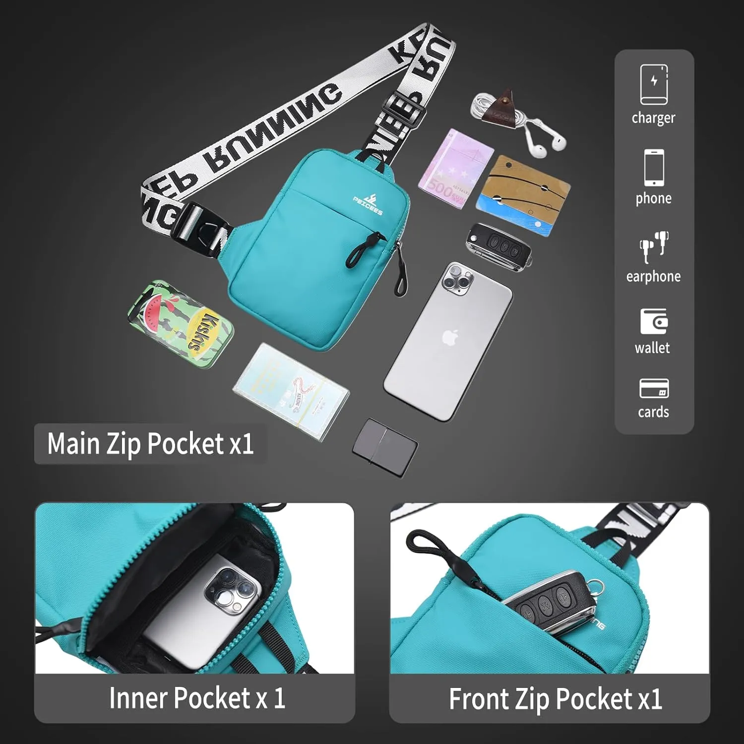 Peicees Mini Crossbody Sling Bag Chest Bag Dual Pocket Water Resistant Fanny Pack Running Phone Holder for Men Women Workout Travel, Lake Blue