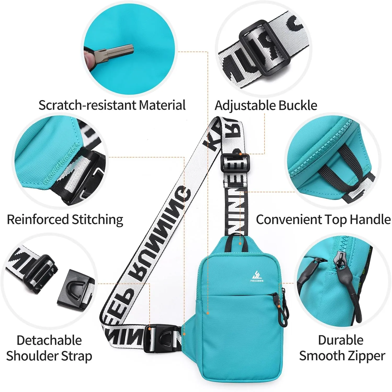 Peicees Mini Crossbody Sling Bag Chest Bag Dual Pocket Water Resistant Fanny Pack Running Phone Holder for Men Women Workout Travel, Lake Blue