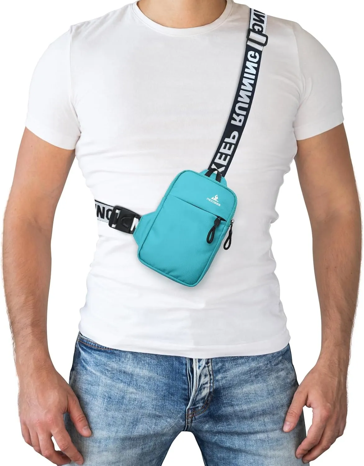Peicees Mini Crossbody Sling Bag Chest Bag Dual Pocket Water Resistant Fanny Pack Running Phone Holder for Men Women Workout Travel, Lake Blue