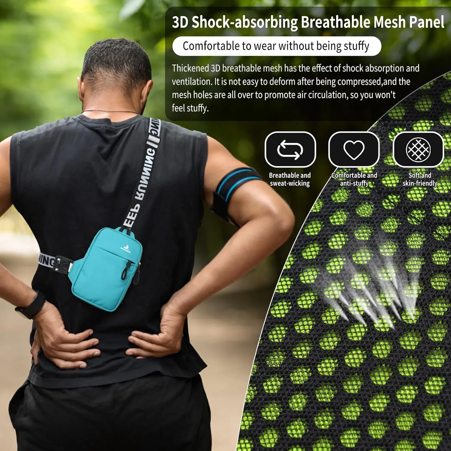 Peicees Mini Crossbody Sling Bag Chest Bag Dual Pocket Water Resistant Fanny Pack Running Phone Holder for Men Women Workout Travel, Lake Blue