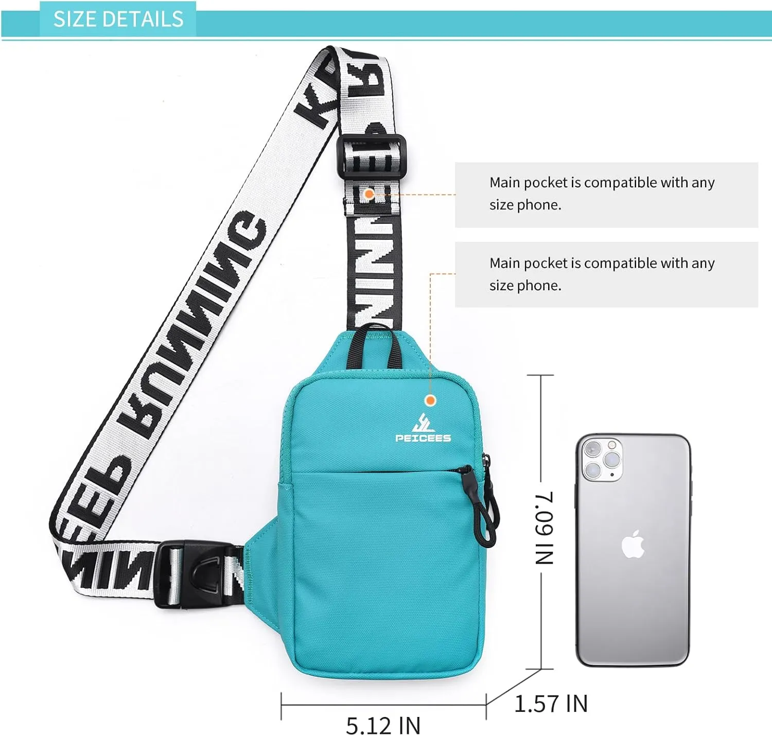 Peicees Mini Crossbody Sling Bag Chest Bag Dual Pocket Water Resistant Fanny Pack Running Phone Holder for Men Women Workout Travel, Lake Blue