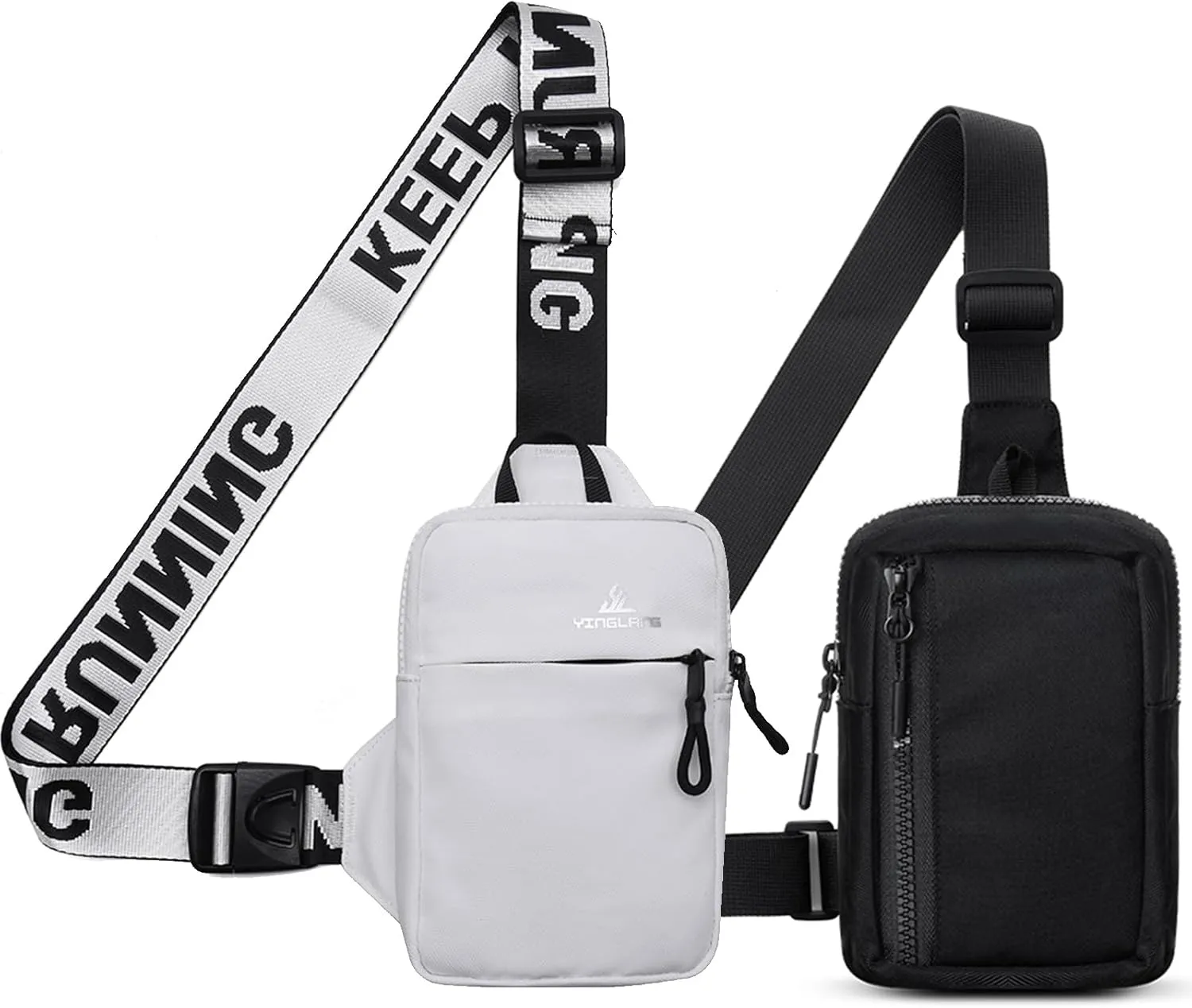 Peicees Mini Crossbody Sling Bag Chest Bag Dual Pocket Water Resistant Fanny Pack Running Phone Holder for Men Women Workout Travel, White and Black