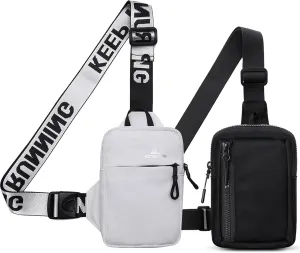 Peicees Mini Crossbody Sling Bag Chest Bag Dual Pocket Water Resistant Fanny Pack Running Phone Holder for Men Women Workout Travel, White and Black