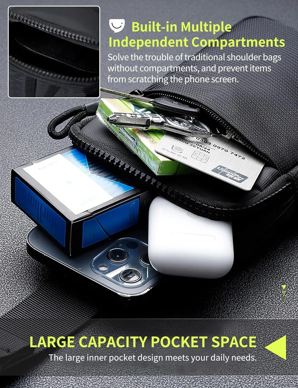 Peicees Mini Crossbody Sling Bag Dual Pocket Water Resistant Running Phone Holder Chest Shoulder Bag for Men Women Travel Gym