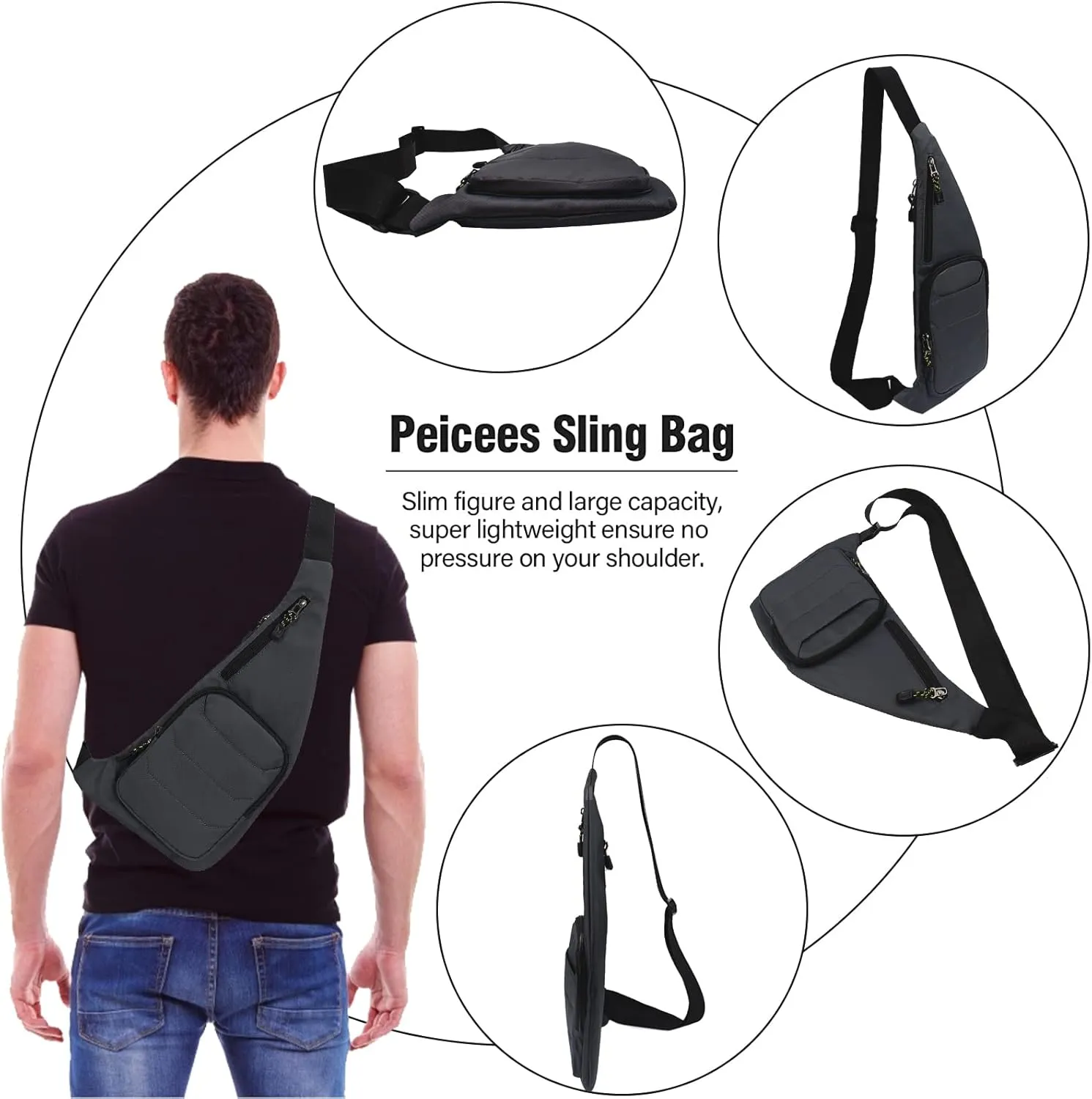 Peicees Sling Bag for Men Women Shoulder Bag Backpack Strap Pockets Chest Bag for Running Hiking Camping Exercise Outdoor