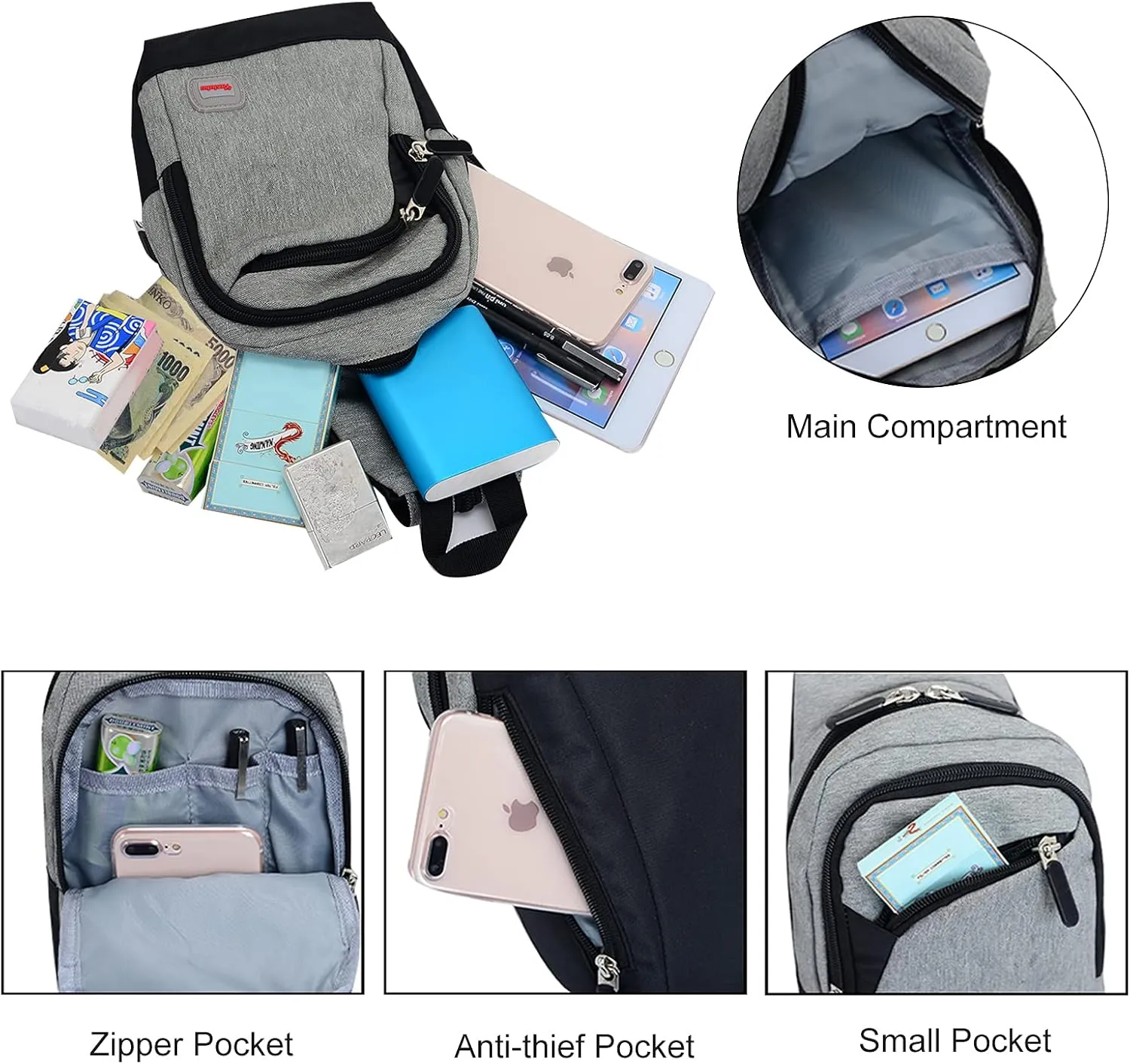Peicees Small Sling Bag for Women Mens Convertible Crossbody Backpack Shoulder Chest Daypack with Zipper Strap for Hiking