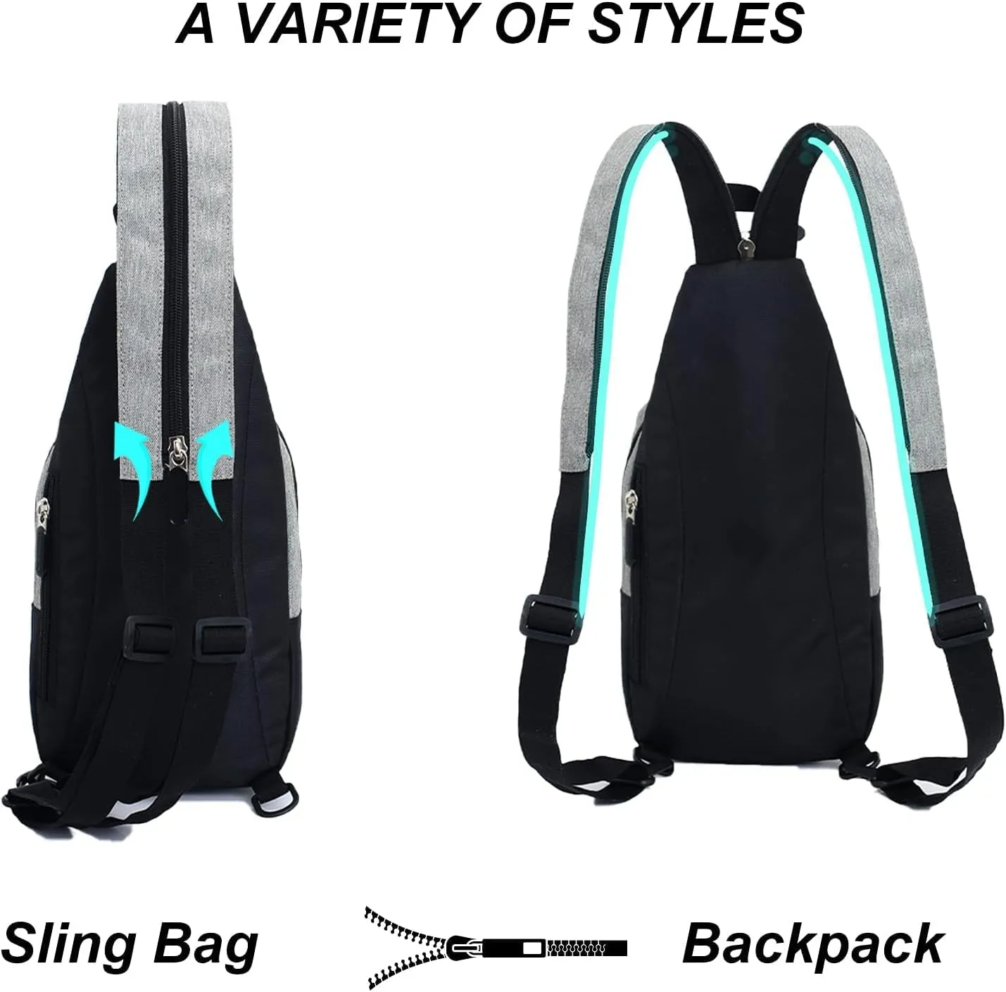 Peicees Small Sling Bag for Women Mens Convertible Crossbody Backpack Shoulder Chest Daypack with Zipper Strap for Hiking