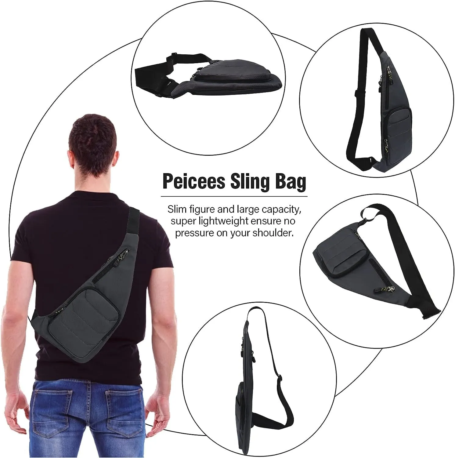 Peicees Waterproof Sling Bag Crossbody Bag For Men Slim Chest Backpack Man Purse Small Shoulder Bag For Travel Hiking