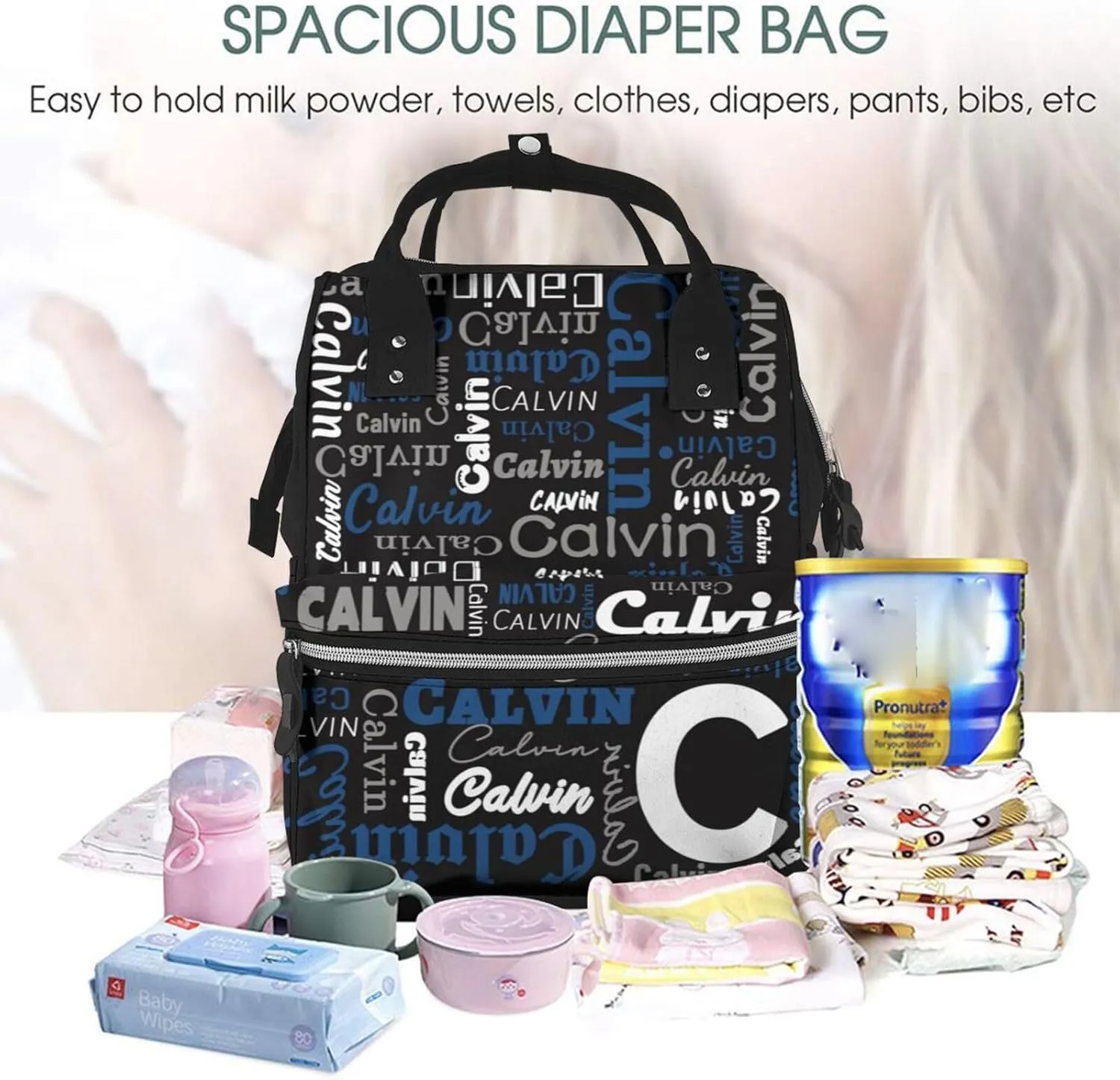 Personalized Name Large Capacity Diaper Bag for Women Men Custom Backpack Customized Fashion Daypack Shoulder Bag for Shopping Travel Camping Work Office