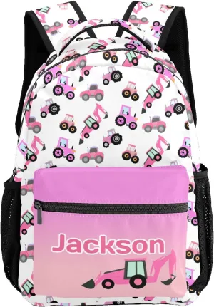 Personalized Pink Tractors and Trucks Waterproof Schoolbag Backpack with Name Text for Women Men Gift