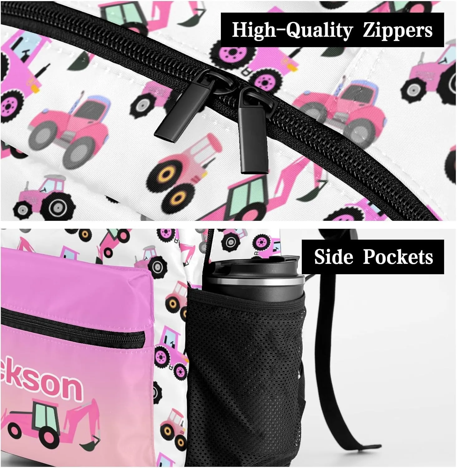 Personalized Pink Tractors and Trucks Waterproof Schoolbag Backpack with Name Text for Women Men Gift