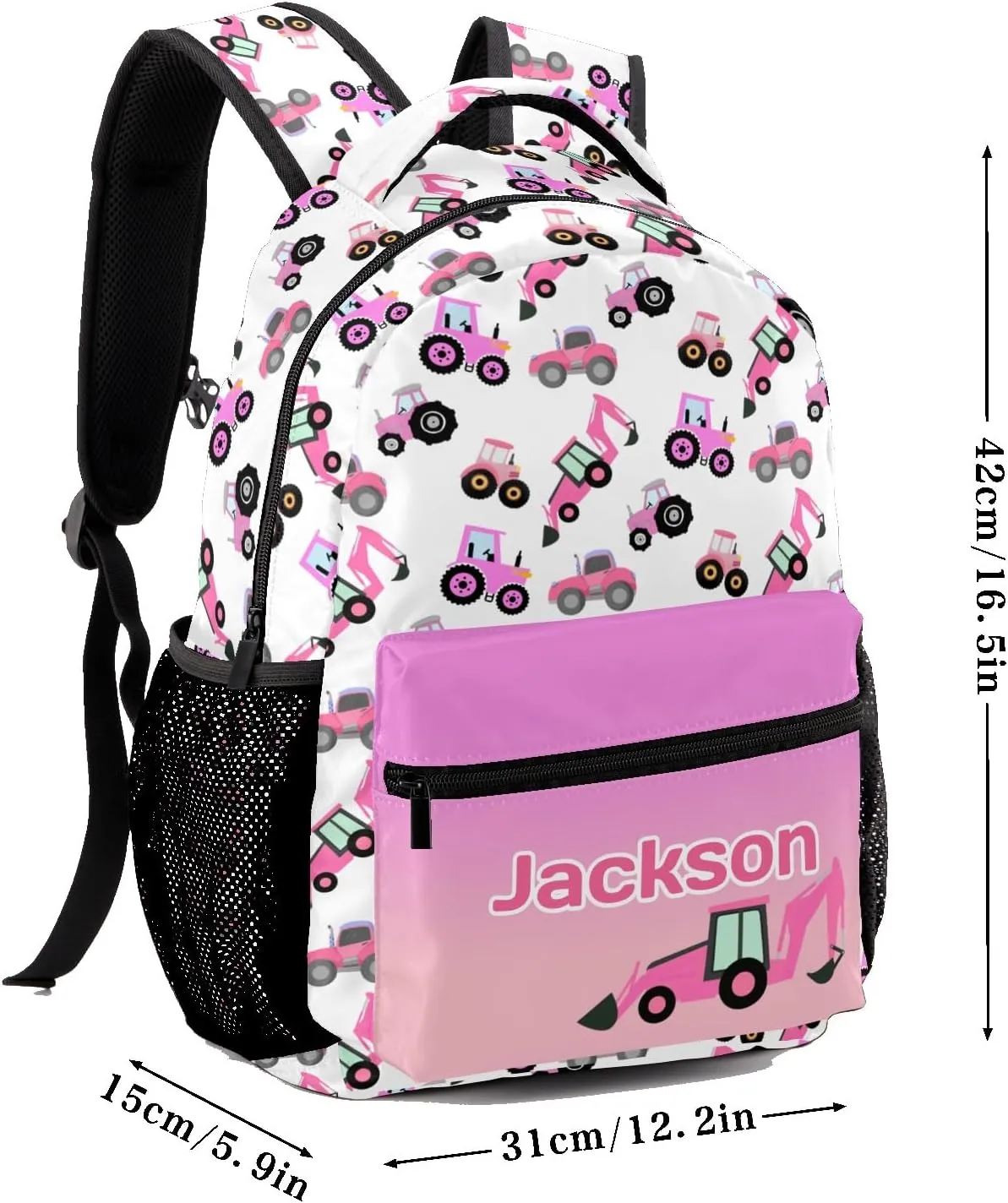 Personalized Pink Tractors and Trucks Waterproof Schoolbag Backpack with Name Text for Women Men Gift