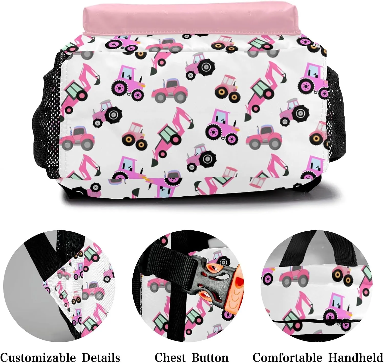 Personalized Pink Tractors and Trucks Waterproof Schoolbag Backpack with Name Text for Women Men Gift