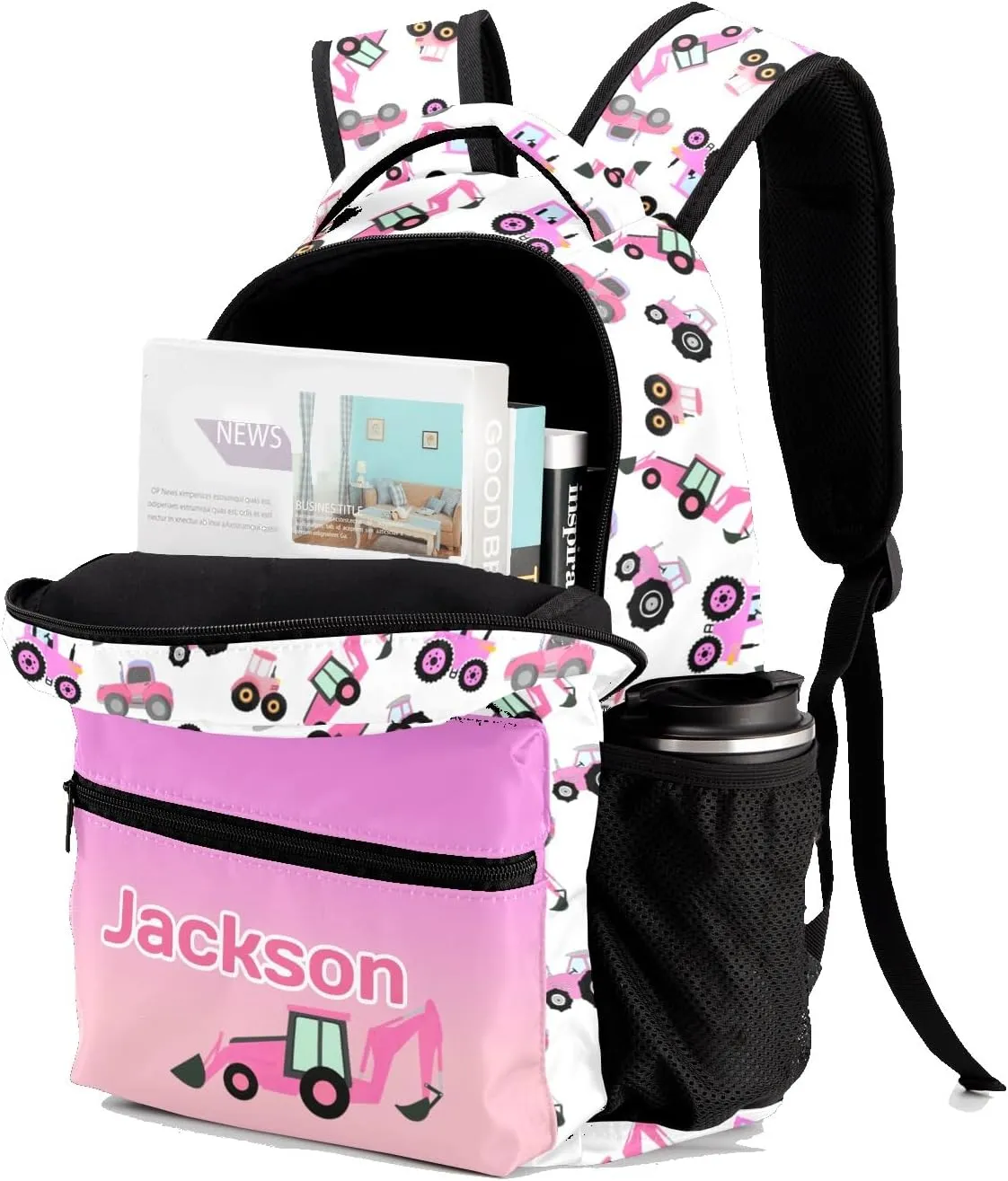 Personalized Pink Tractors and Trucks Waterproof Schoolbag Backpack with Name Text for Women Men Gift