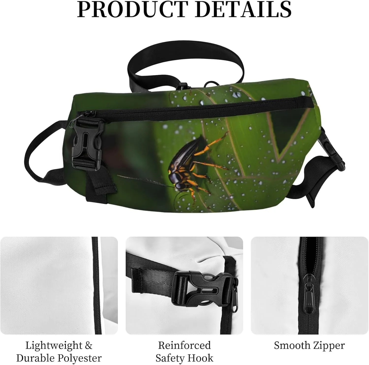Polyester Fiber Waterproof Waist Bag -Backpack 4 Pocket Compartments Ideal for Outdoor Activities Insects on leaves