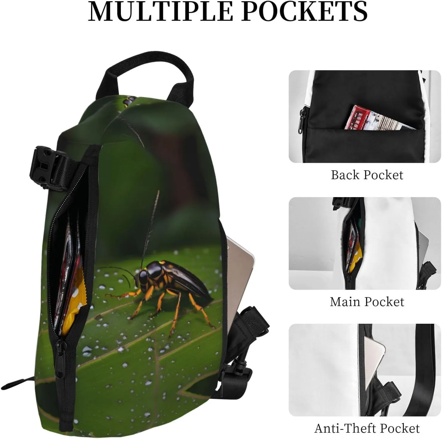 Polyester Fiber Waterproof Waist Bag -Backpack 4 Pocket Compartments Ideal for Outdoor Activities Insects on leaves