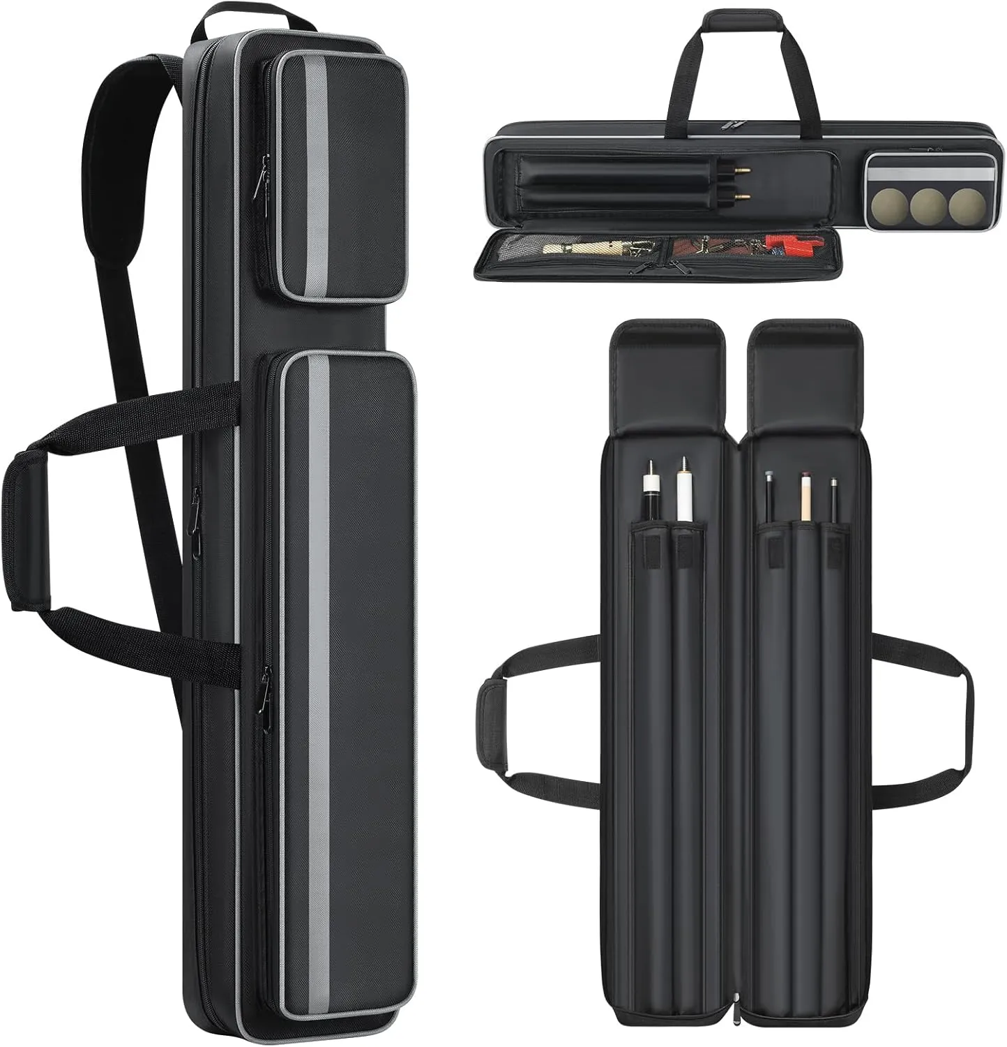 Pool Cue Case 2x3, Pool Stick Bag Pool Cue Soft Case with Multi-pocket for 2 Butts and 3 Shafts, Pool Stick Case with Shoulder Straps & Handle for Pool Cue & Accessories ( for 2 Butts & 3 Shafts )