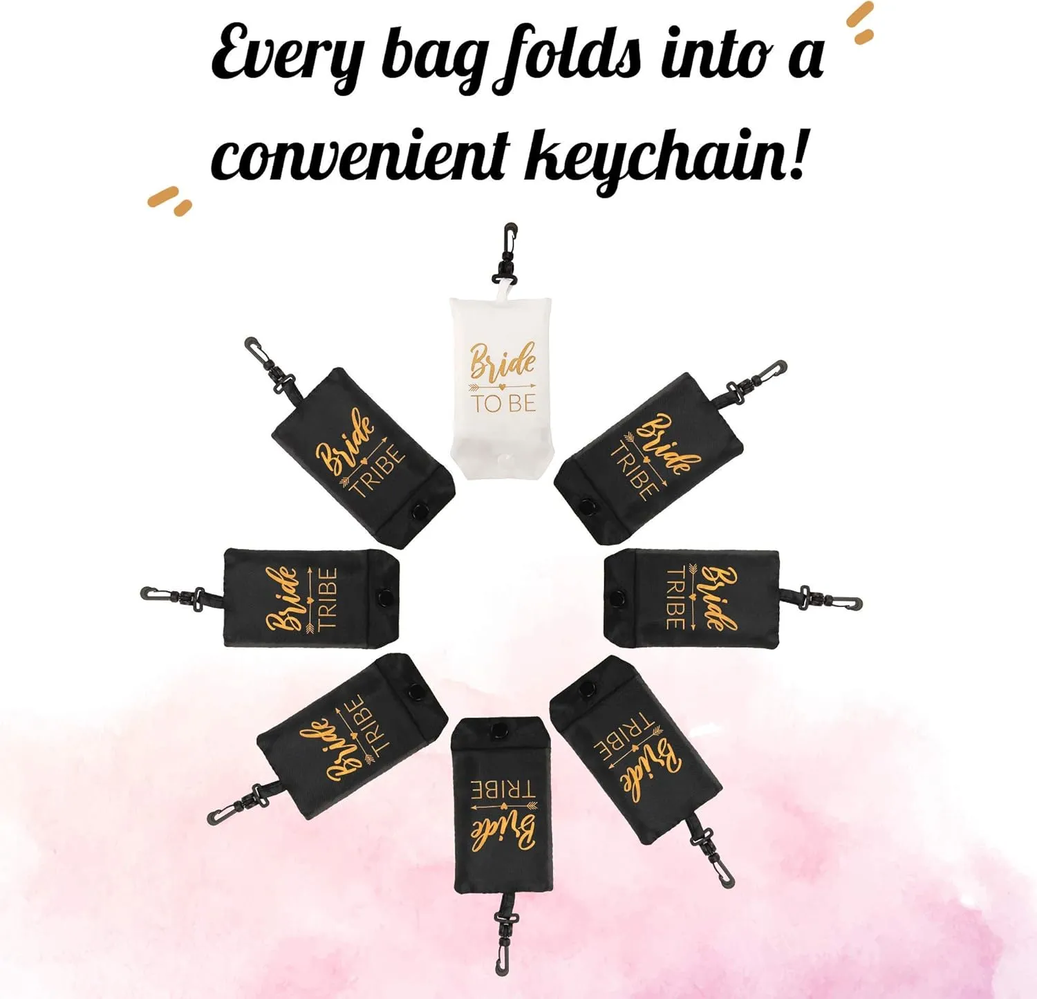 Pop Fizz Designs Bride Tribe Reusable Tote Bags | 7 Pack | 1 Bribe to Be Bag & 6 Bride Tribe Bags - Includes Matching Keychains | Perfect for Bachelorette Party Bags