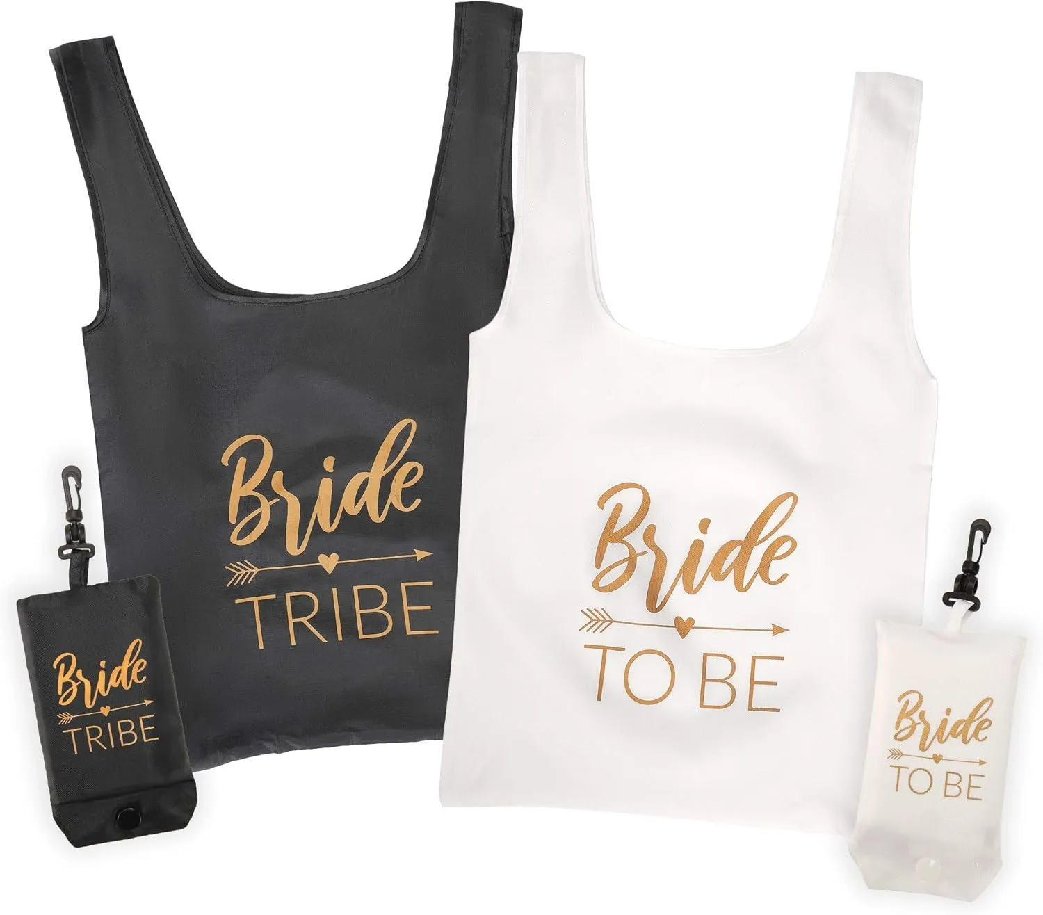 Pop Fizz Designs Bride Tribe Reusable Tote Bags | 7 Pack | 1 Bribe to Be Bag & 6 Bride Tribe Bags - Includes Matching Keychains | Perfect for Bachelorette Party Bags