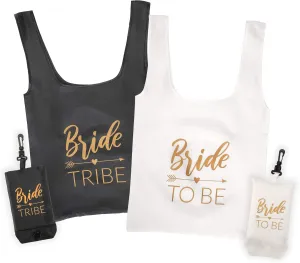 Pop Fizz Designs Bride Tribe Reusable Tote Bags | 7 Pack | 1 Bribe to Be Bag & 6 Bride Tribe Bags - Includes Matching Keychains | Perfect for Bachelorette Party Bags