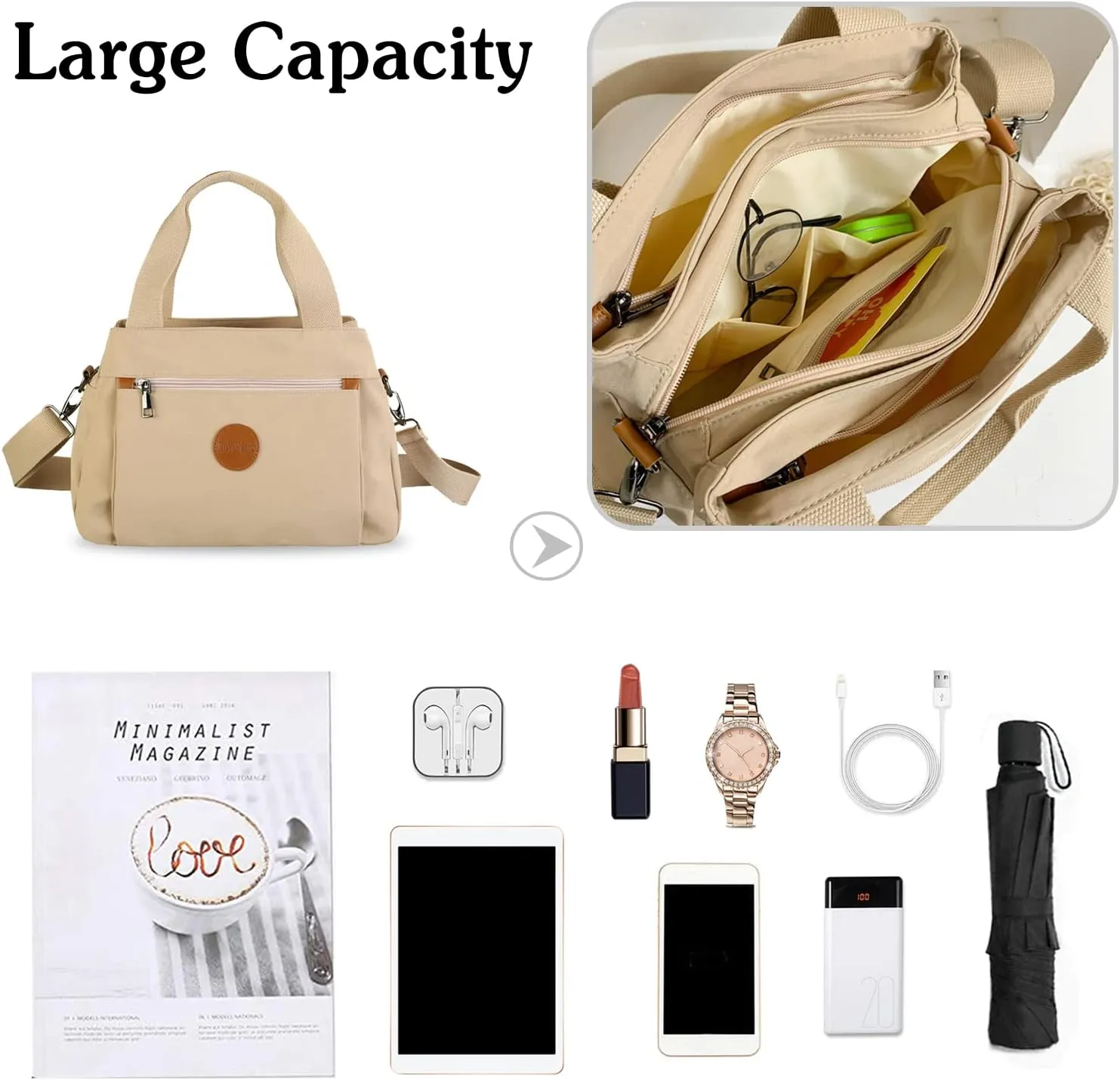 PORRASSO Women Crossbody Bag Casual Handbag Multi-pocket Shoulder Bag Nylon Tote