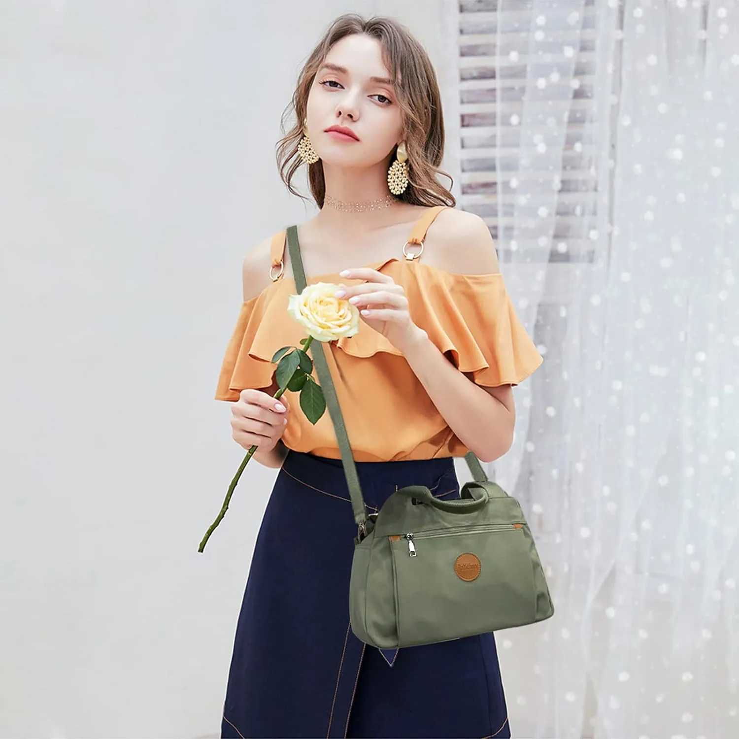 PORRASSO Women Crossbody Bag Casual Handbag Multi-pocket Shoulder Bag Nylon Tote