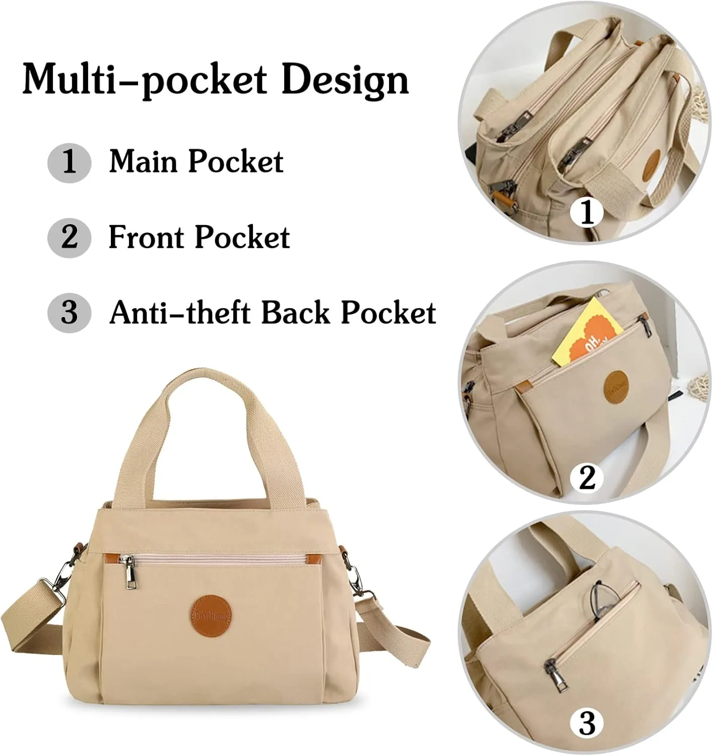 PORRASSO Women Crossbody Bag Casual Handbag Multi-pocket Shoulder Bag Nylon Tote