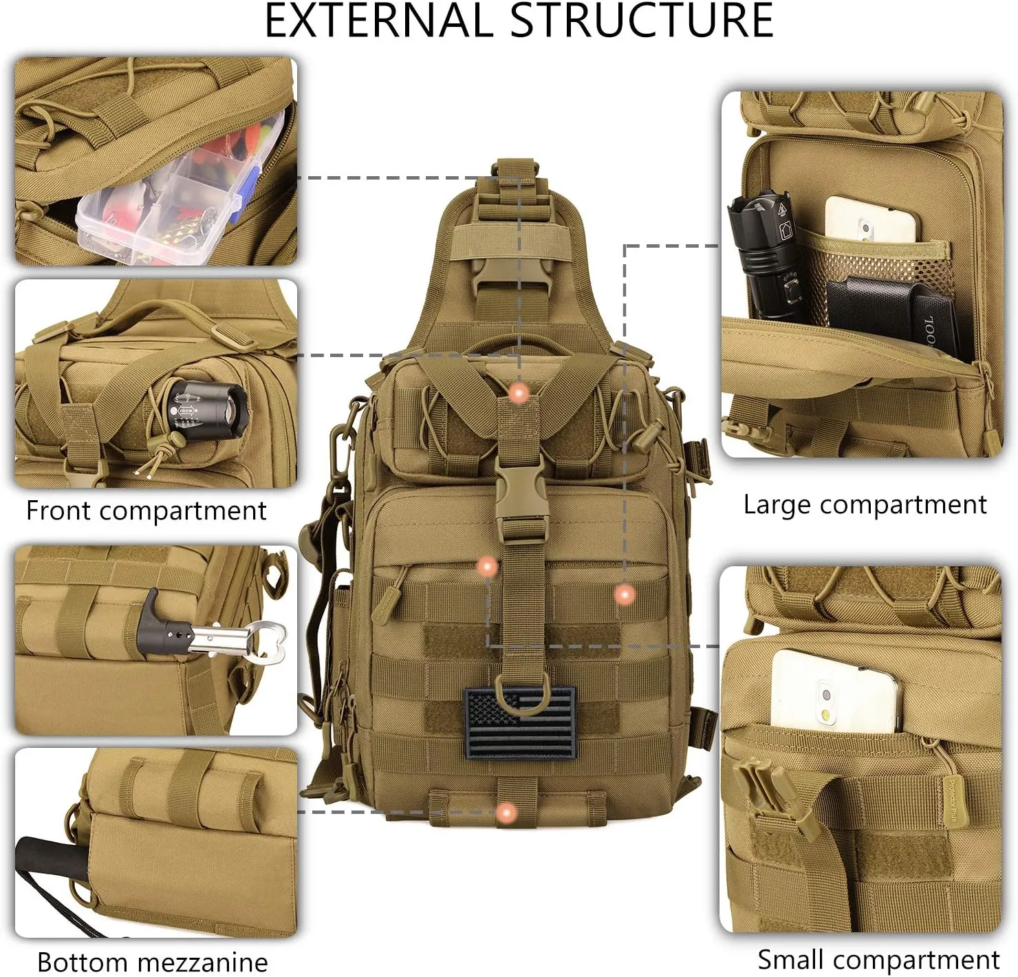 Protector Plus Tactical Sling Bag Military MOLLE Crossbody Pack Chest Shoulder Backpack (Patch Included)