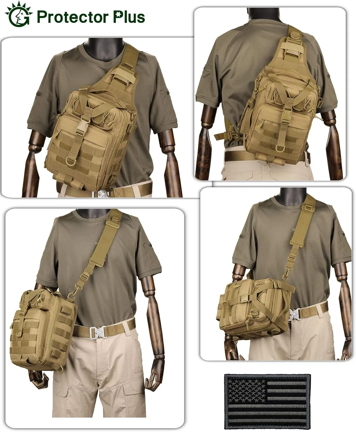 Protector Plus Tactical Sling Bag Military MOLLE Crossbody Pack Chest Shoulder Backpack (Patch Included)