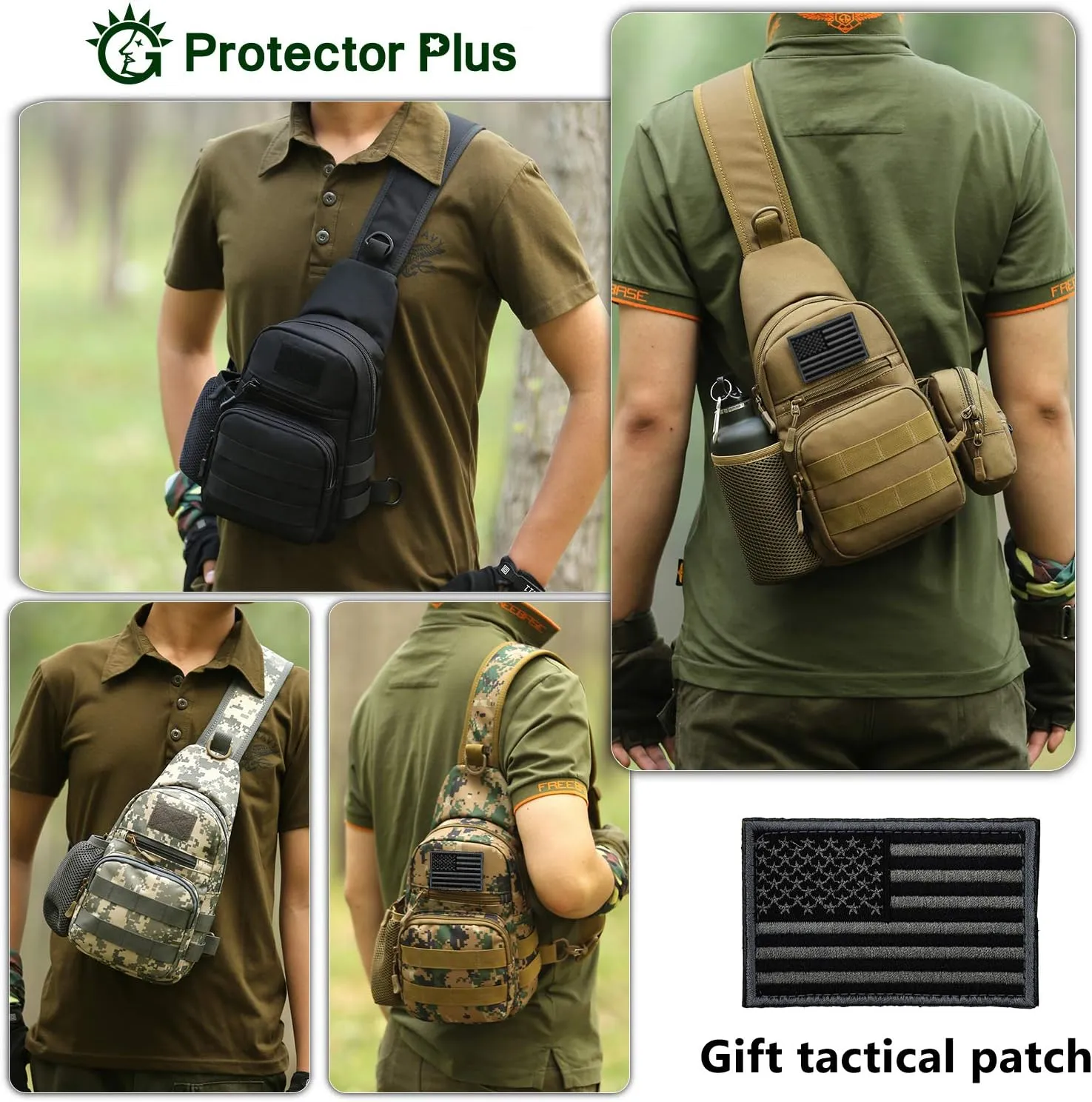 Protector Plus Tactical Sling Bag Military MOLLE Crossbody Pack Chest Shoulder Backpack with Water Bottle Holder Pouch EDC Diaper Motorcycle Bicycle Daypack (Patch Included),Black Camo