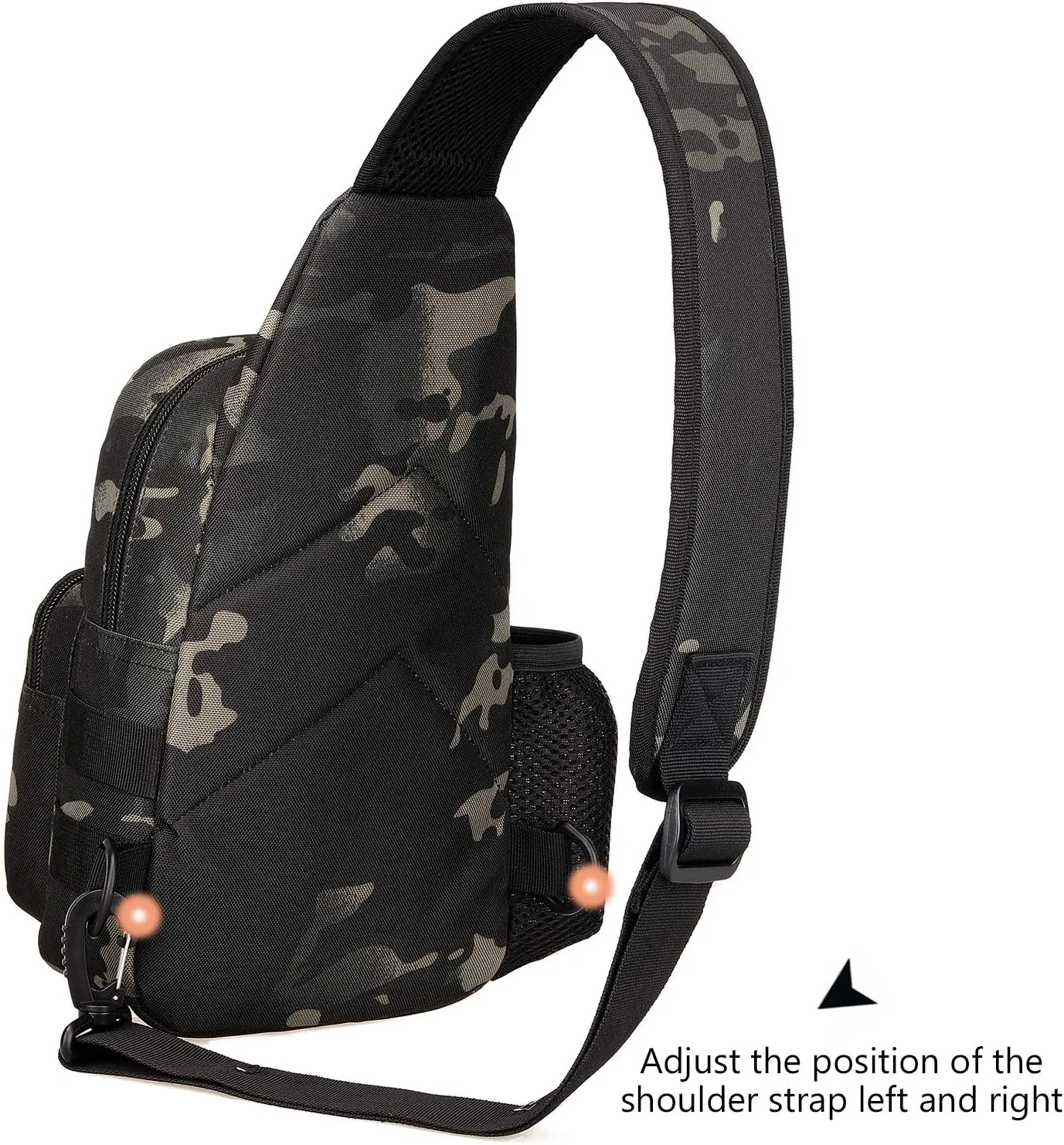 Protector Plus Tactical Sling Bag Military MOLLE Crossbody Pack Chest Shoulder Backpack with Water Bottle Holder Pouch EDC Diaper Motorcycle Bicycle Daypack (Patch Included),Black Camo