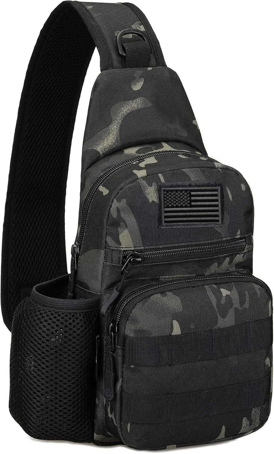 Protector Plus Tactical Sling Bag Military MOLLE Crossbody Pack Chest Shoulder Backpack with Water Bottle Holder Pouch EDC Diaper Motorcycle Bicycle Daypack (Patch Included),Black Camo
