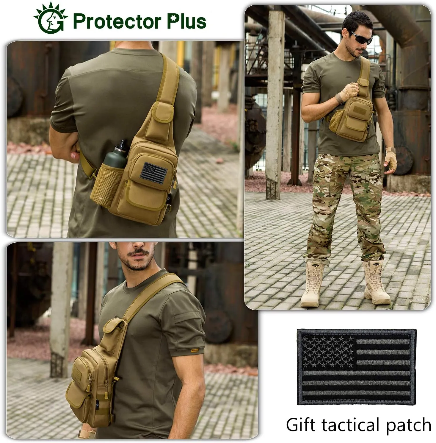 Protector Plus Tactical Sling Bag Military MOLLE Crossbody Pack (Patch Included)
