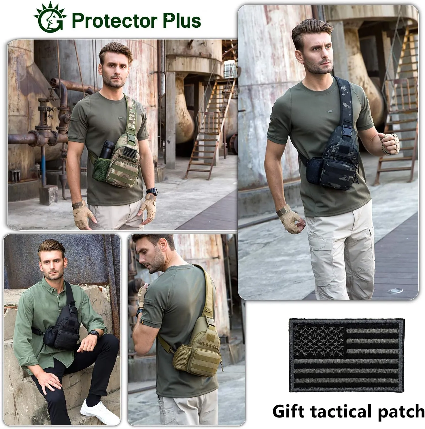 Protector Plus Tactical Sling Bag Military MOLLE Crossbody Pack with USB Charging Port Chest Shoulder Backpack EDC Diaper Satchel Motorcycle Bicycle Daypack (Patch Included),Brown