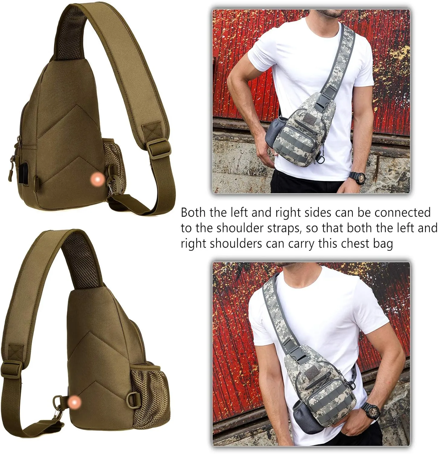 Protector Plus Tactical Sling Bag Military MOLLE Crossbody Pack with USB Charging Port Chest Shoulder Backpack EDC Diaper Satchel Motorcycle Bicycle Daypack (Patch Included),CP