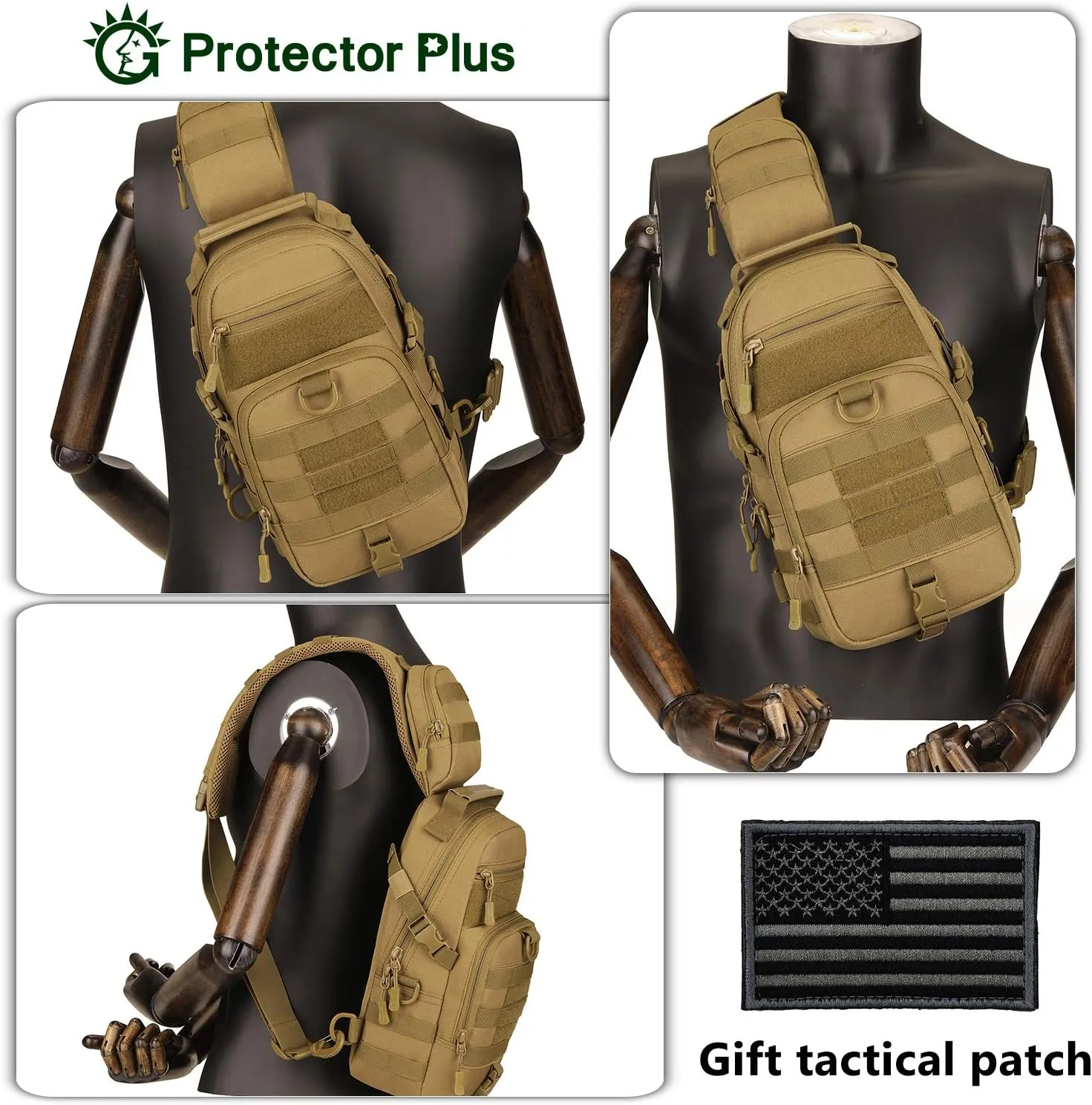 Protector Plus Tactical Sling Bag Military MOLLE Crossbody Packs Chest Shoulder Backpack (Patch Included)