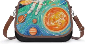 PU Leather Crossbody Bag Astronaut Meteor Graffiti Print Flapover Tote Bag Shoulder Handbag Purse for Women with Adjustable Strap