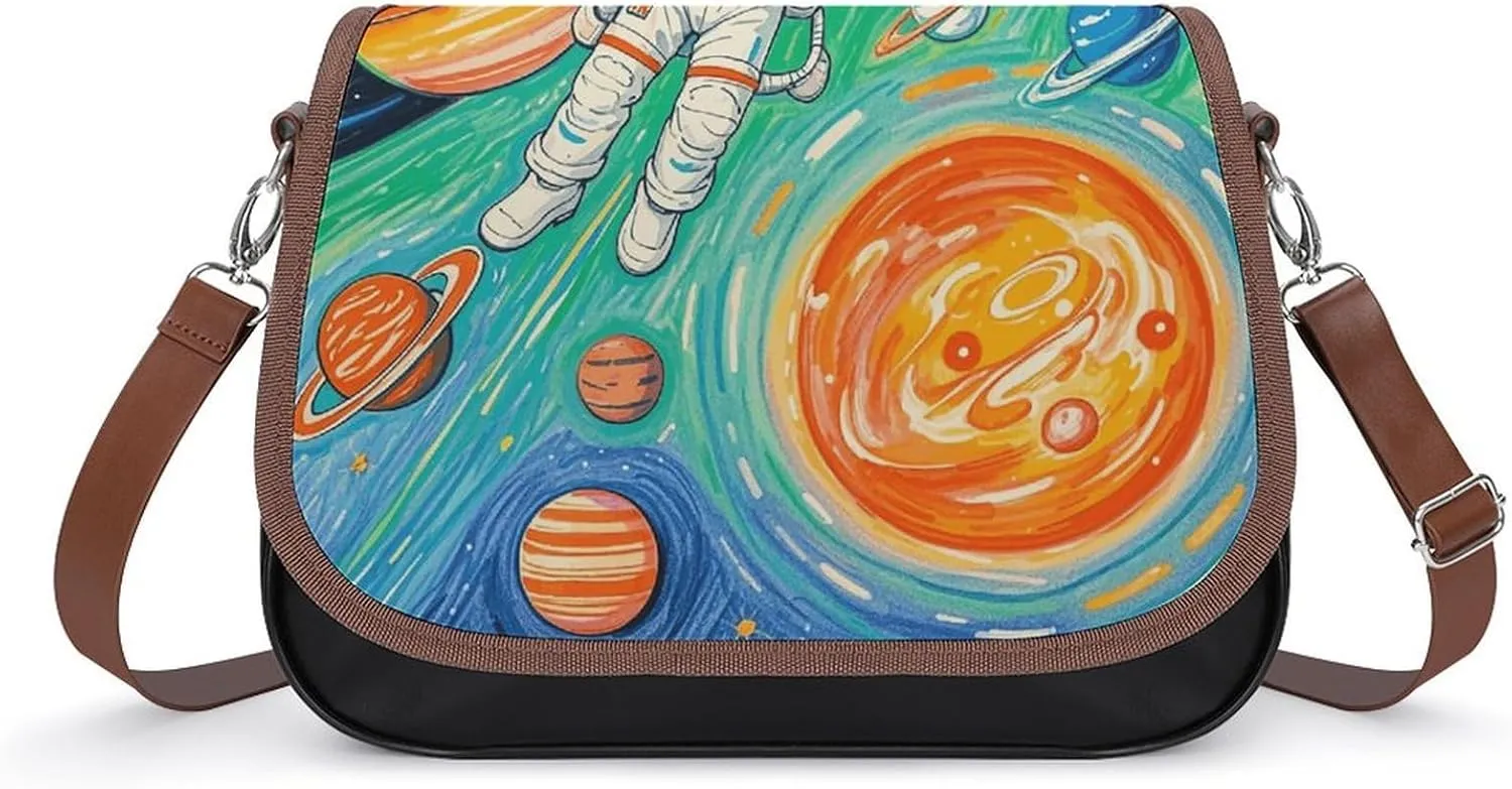 PU Leather Crossbody Bag Astronaut Meteor Graffiti Print Flapover Tote Bag Shoulder Handbag Purse for Women with Adjustable Strap