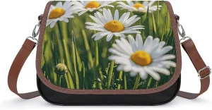 PU Leather Crossbody Bag Daisies in The Meadow Print Flapover Tote Bag Shoulder Handbag Purse for Women with Adjustable Strap