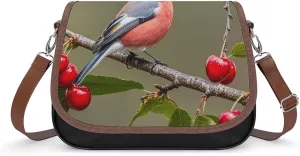 PU Leather Crossbody Bag Finch with Cherry Print Flapover Tote Bag Shoulder Handbag Purse for Women with Adjustable Strap