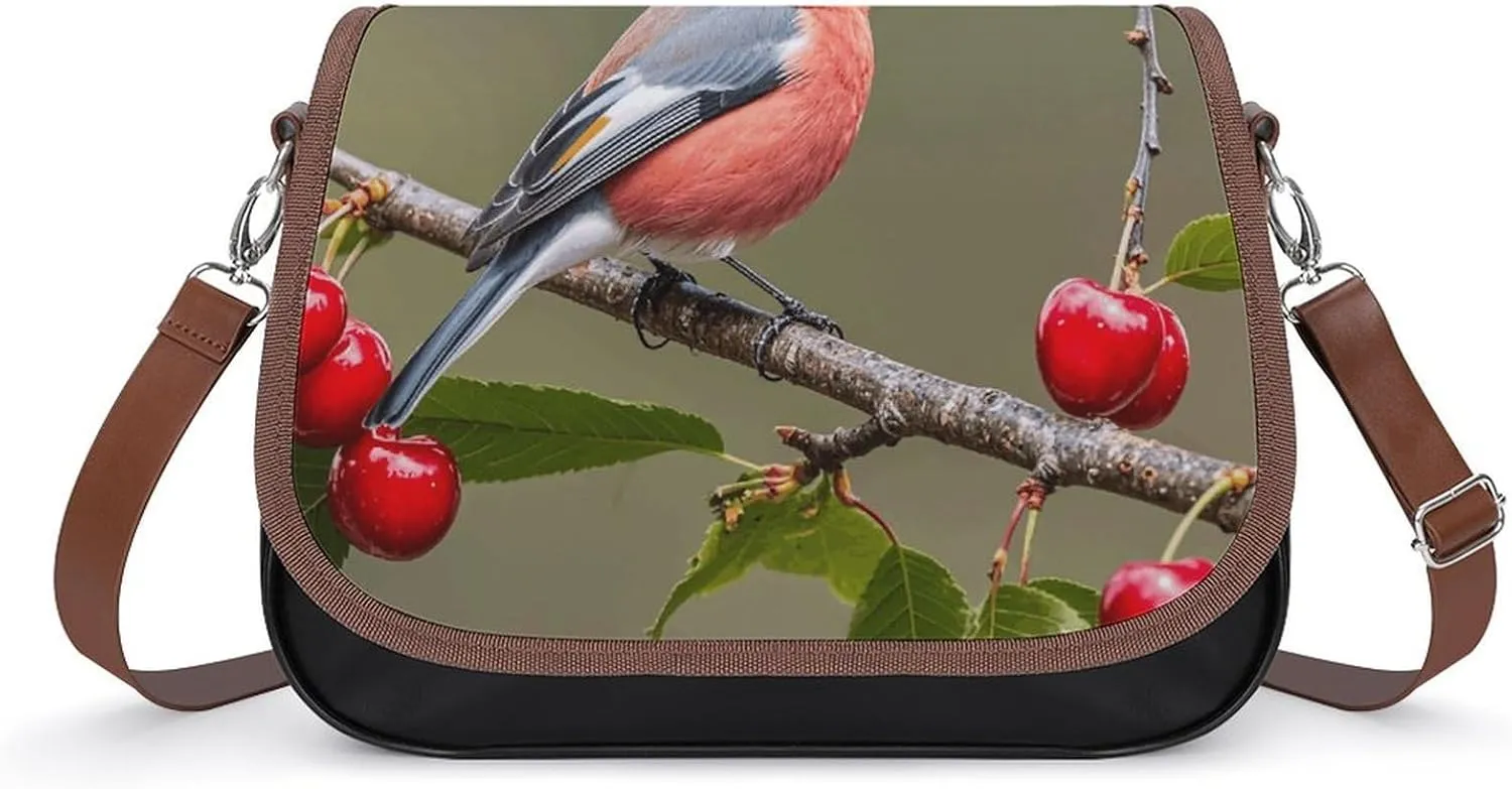 PU Leather Crossbody Bag Finch with Cherry Print Flapover Tote Bag Shoulder Handbag Purse for Women with Adjustable Strap