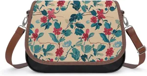 PU Leather Crossbody Bag Floral Vine Print Flapover Tote Bag Shoulder Handbag Purse for Women with Adjustable Strap